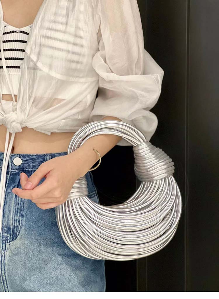 Solid Color Pattern Double Knotted Shoulder Bag Casual Small Handmade Tote for Women
