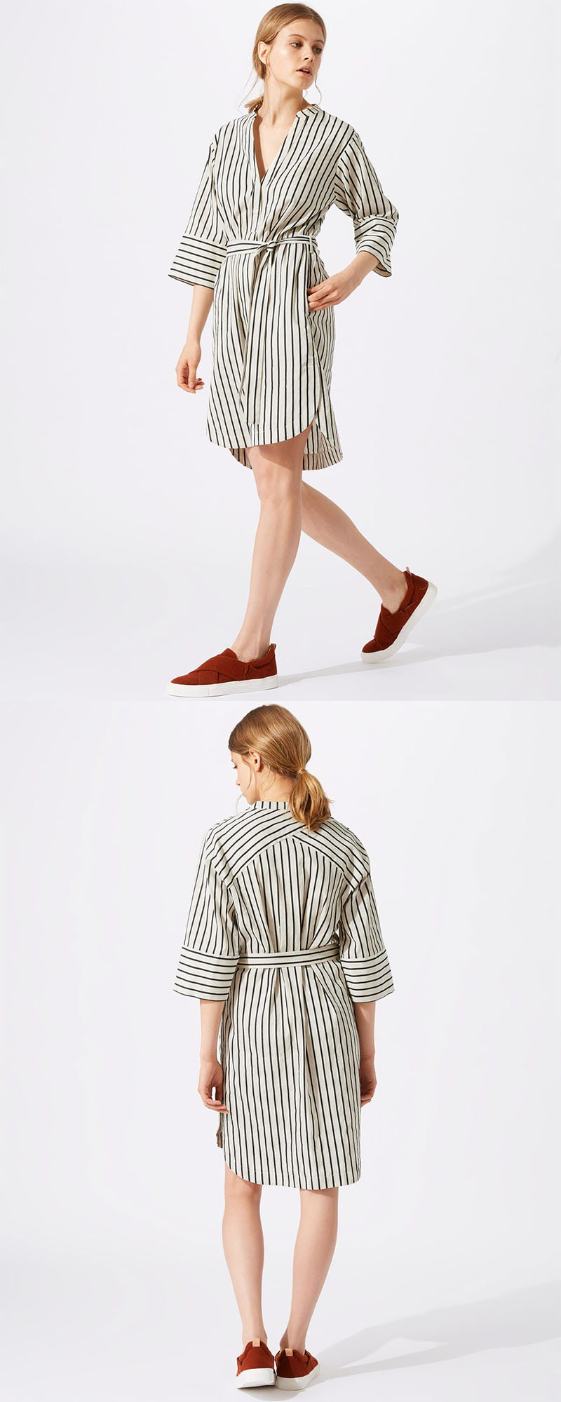 New Design Relaxed Fit Deep V-neckline Stripe Linen Dress for Woman