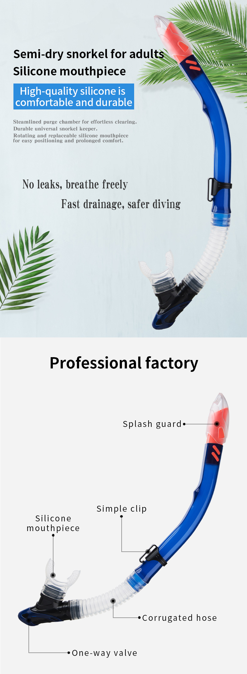 Freediving Scuba Semi Dry Snorkel For Spearfishing Silicone Mouthpiece