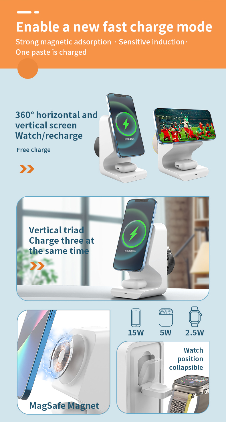 3 In 1 Magnetic Wireless Charger for iPhone 15 14 13 12 10w 15w Fast Charging Station