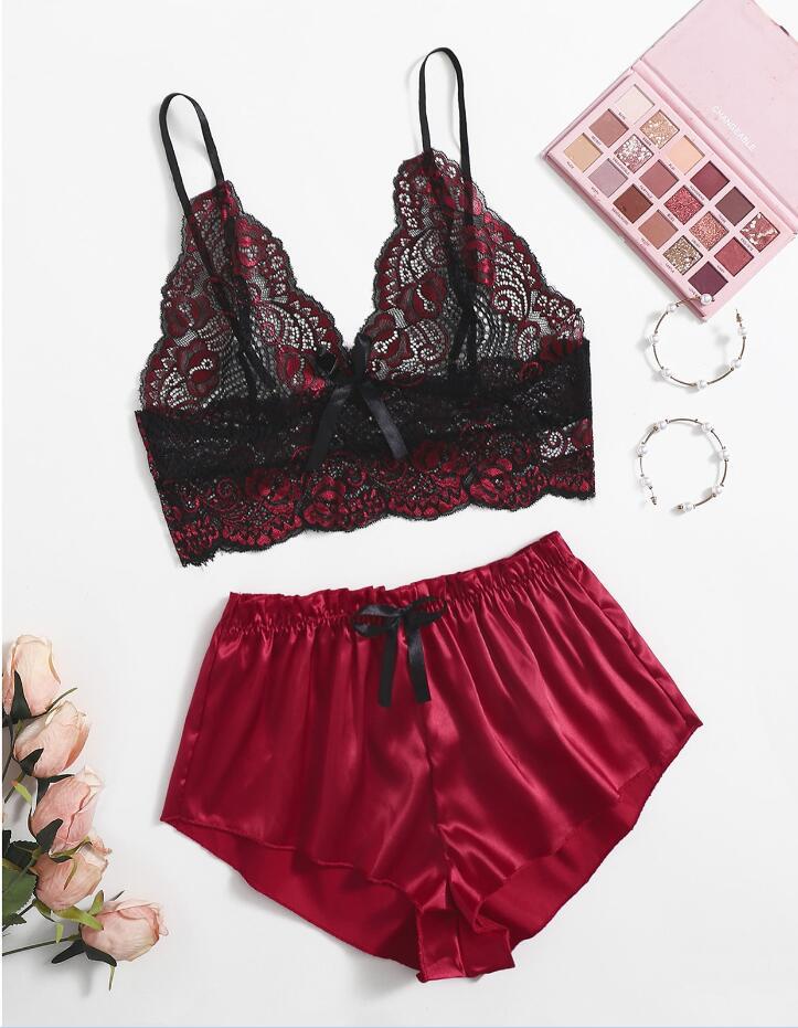 Mature Thin Sleepwear Silk Fabric Lace Bra Underwear Set Sexy Lingerie For Hot Girl