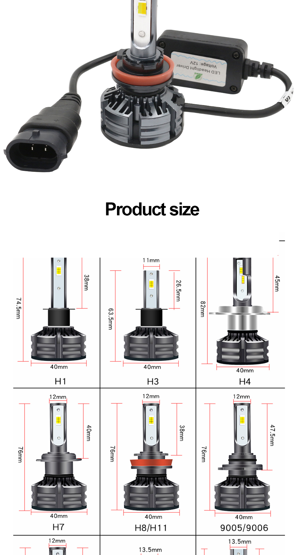 Universal 3 Color Brightest Led Headlight Bulbs H1 H3 H4 H7 H11 9005 9006