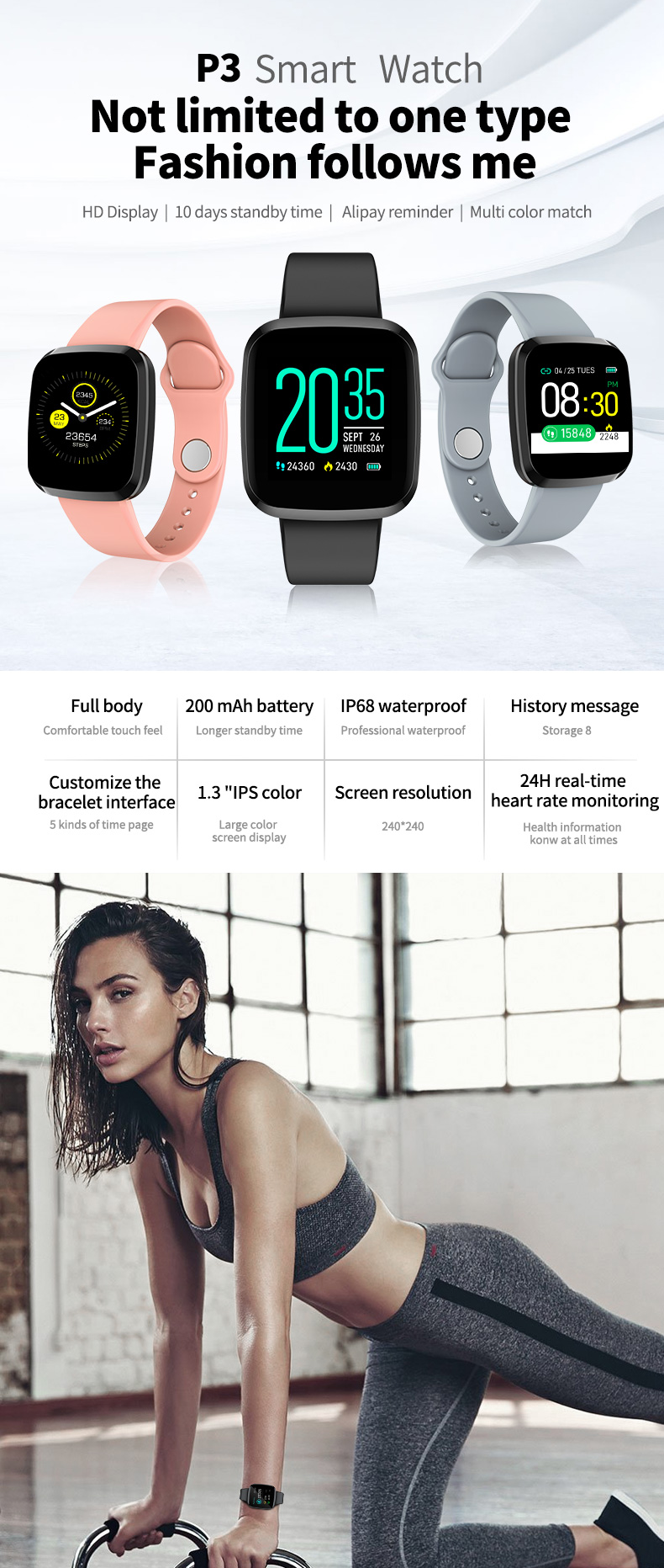 P3 smart watch Detects Heart Rate Wristband Blood Pressure Watch Oxygenand Outdoor Exercise APP