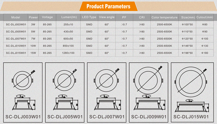 High quality SMD downlight / 90-100 lm/w 3w LED downlight supply