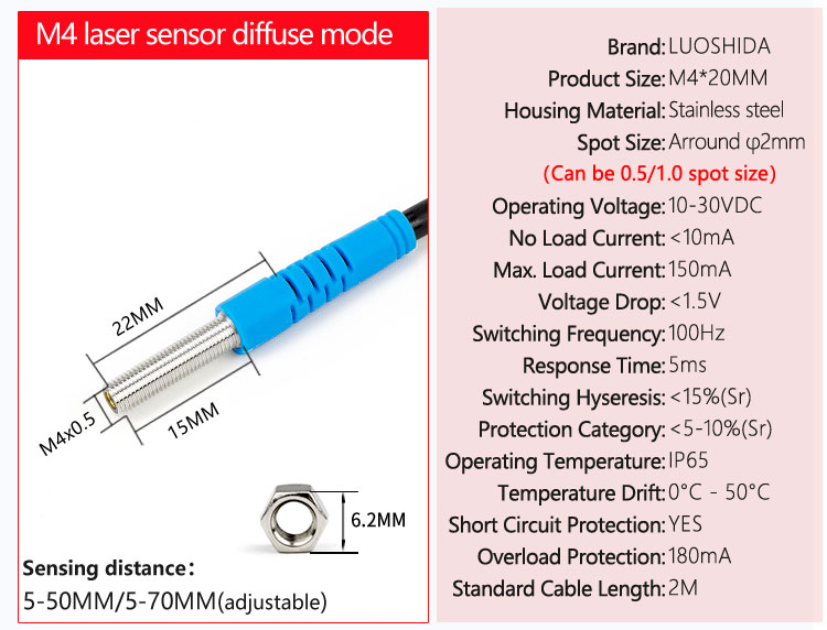 LUOSHIDA Small Diffuse Laser Sensor Diffuse Photoelectric Sensor NPN PNP NO NC Output