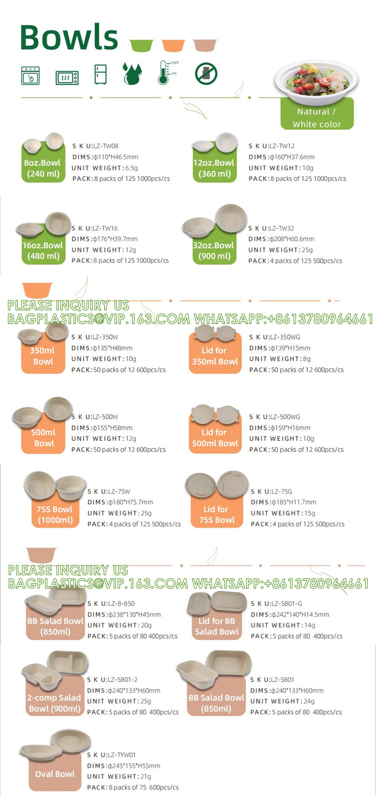 Eco Friendly Bowls 100% Compostable Disposable Biodegradable Sugarcane Bagasse Bowl
