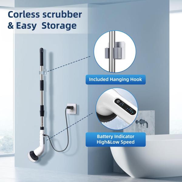 Electric Cleaning Brush 7 Replaceable Brush Heads Adjustable Handle Cordless Spin Scrubber