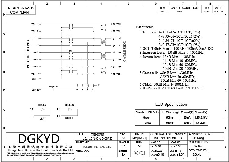 DGKYD111Q066AB2A1D RJ45 Network Connector With Lamp No Shrapnel Ethernet Gigabit Integrated Modular Block Interface