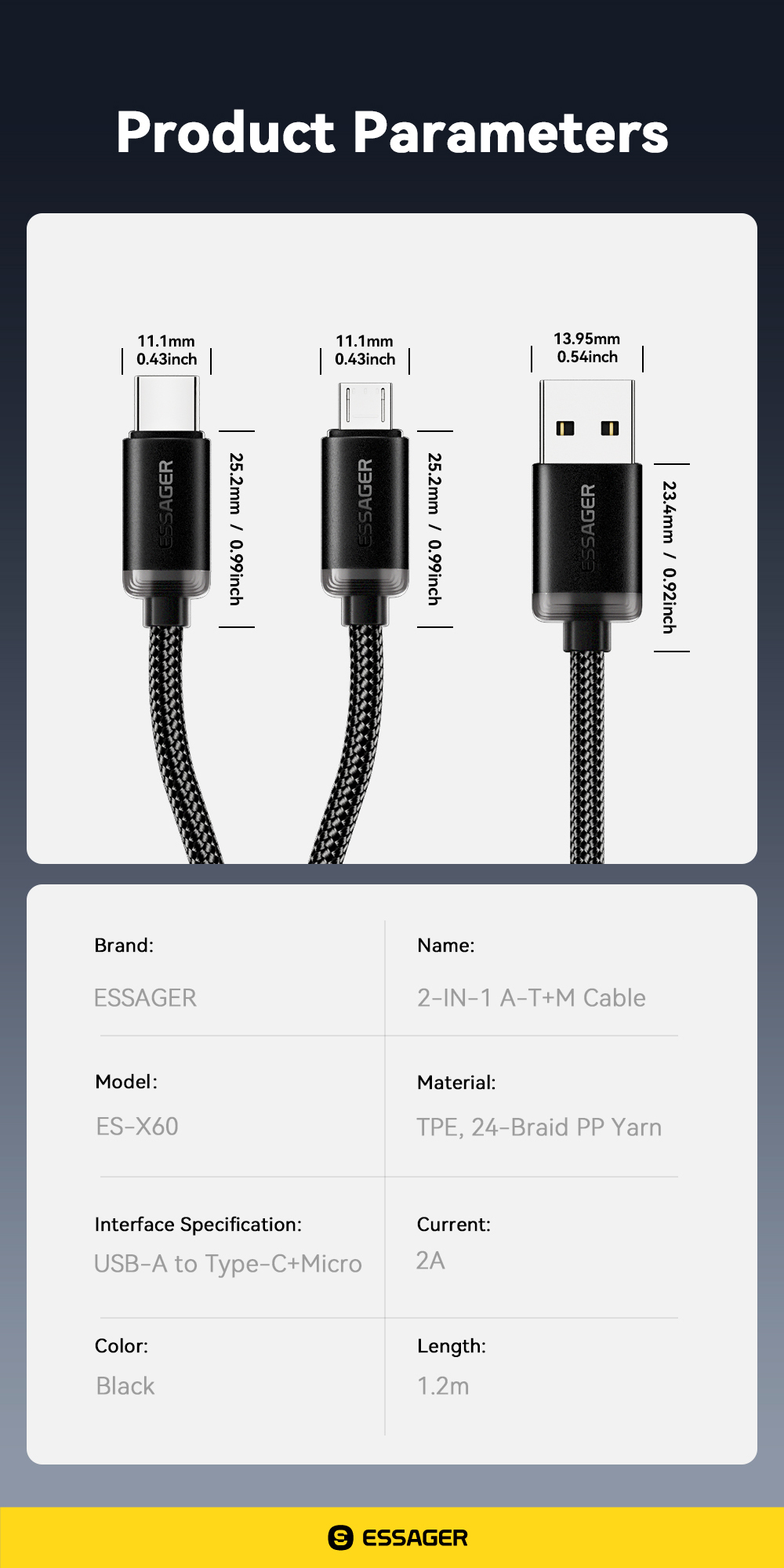 USB A To USB C 2 In 1 Micro Charging Cable 40W 1.2m ES-X60 Series