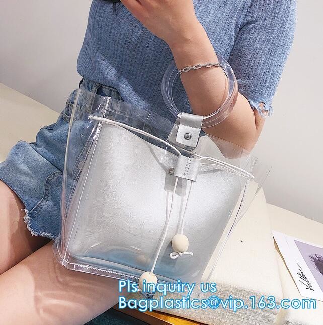 reusable eco friendly tote transparent pvc shopping bag, shopping cluth PVC beach bag with zipper, eco-freindly Promotio