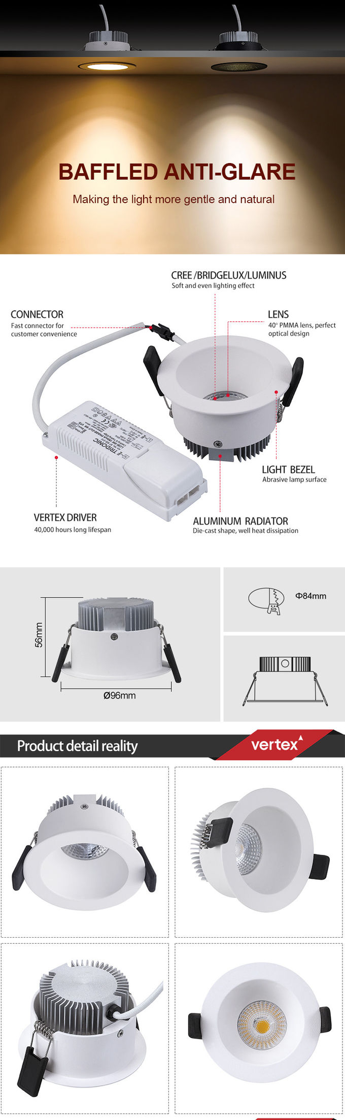 Dimmable COB Anti Glare Downlight Ceiling LED Down Light