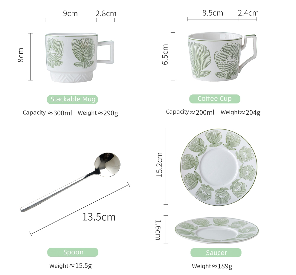 Alice Green Ceramic Decal Porcelain Cup And Saucer Set For Afternoon Tea 300ml Volume