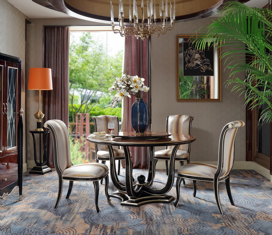 French Luxury Furniture Dining room Tables in glossy painting Ebony wood with Leather Upholstered Chairs and Buffet