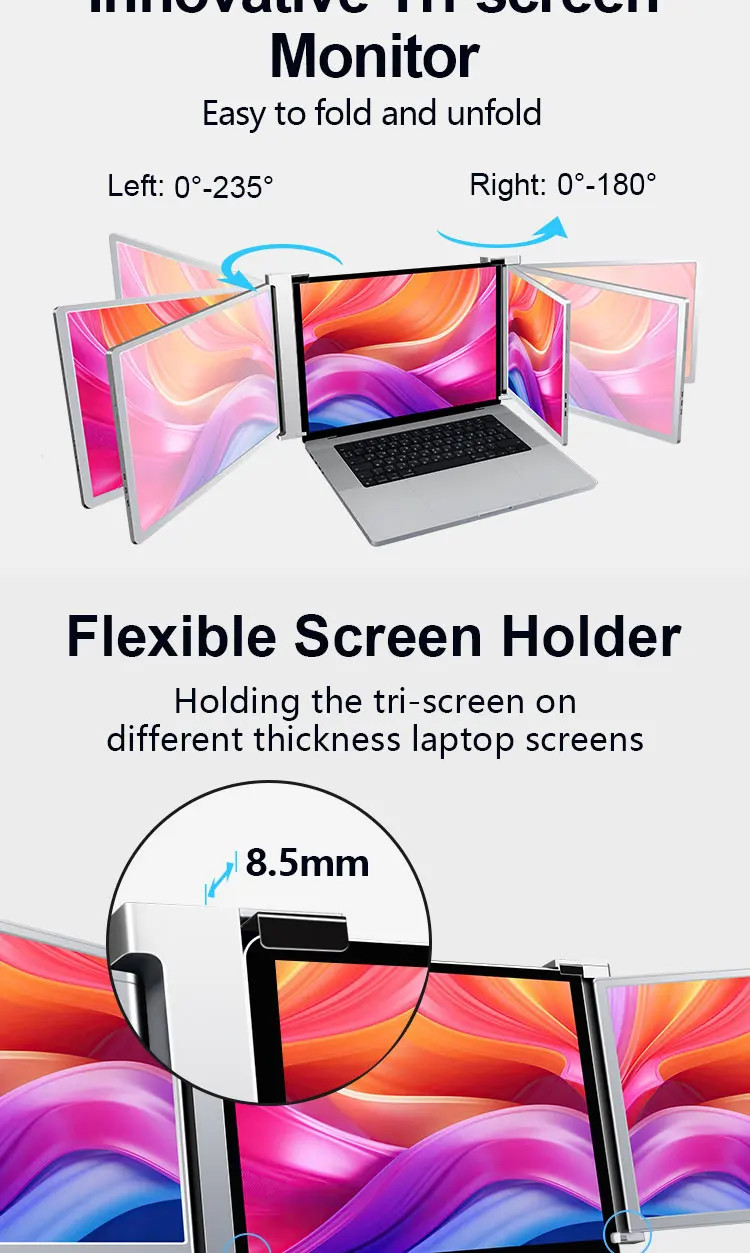 14 Inch Triple Triple Portable Laptop Monitor With Dual USB C / Type C Extender 16:10 Wide Ratio