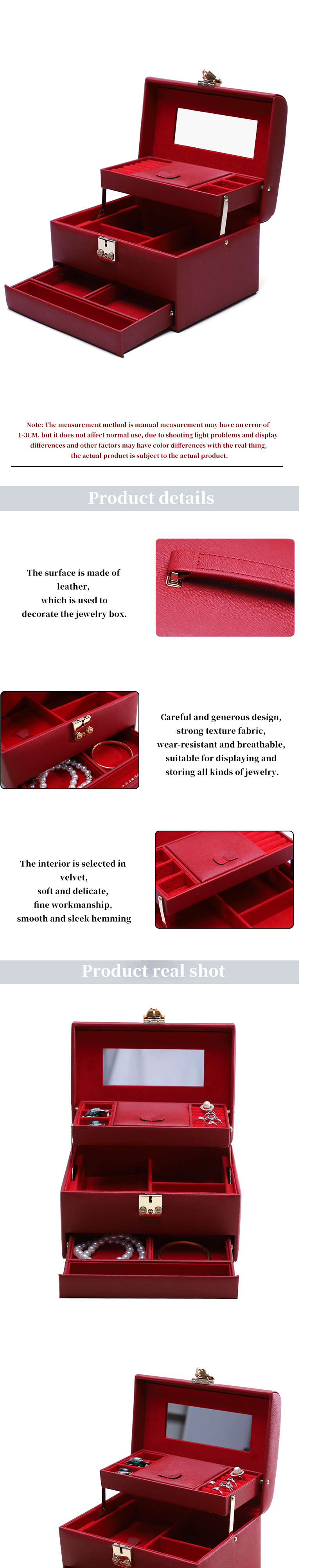 Red Portable Large Capacity PU Leather Jewelry Organiser with Mirror for Travel