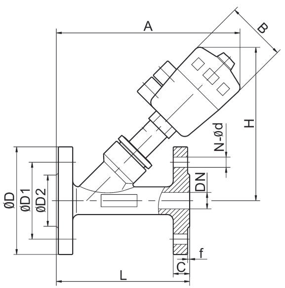 DN20 3/4'' Flanged Y Type Pneumatic Angle Seat Valve Stainless Steel