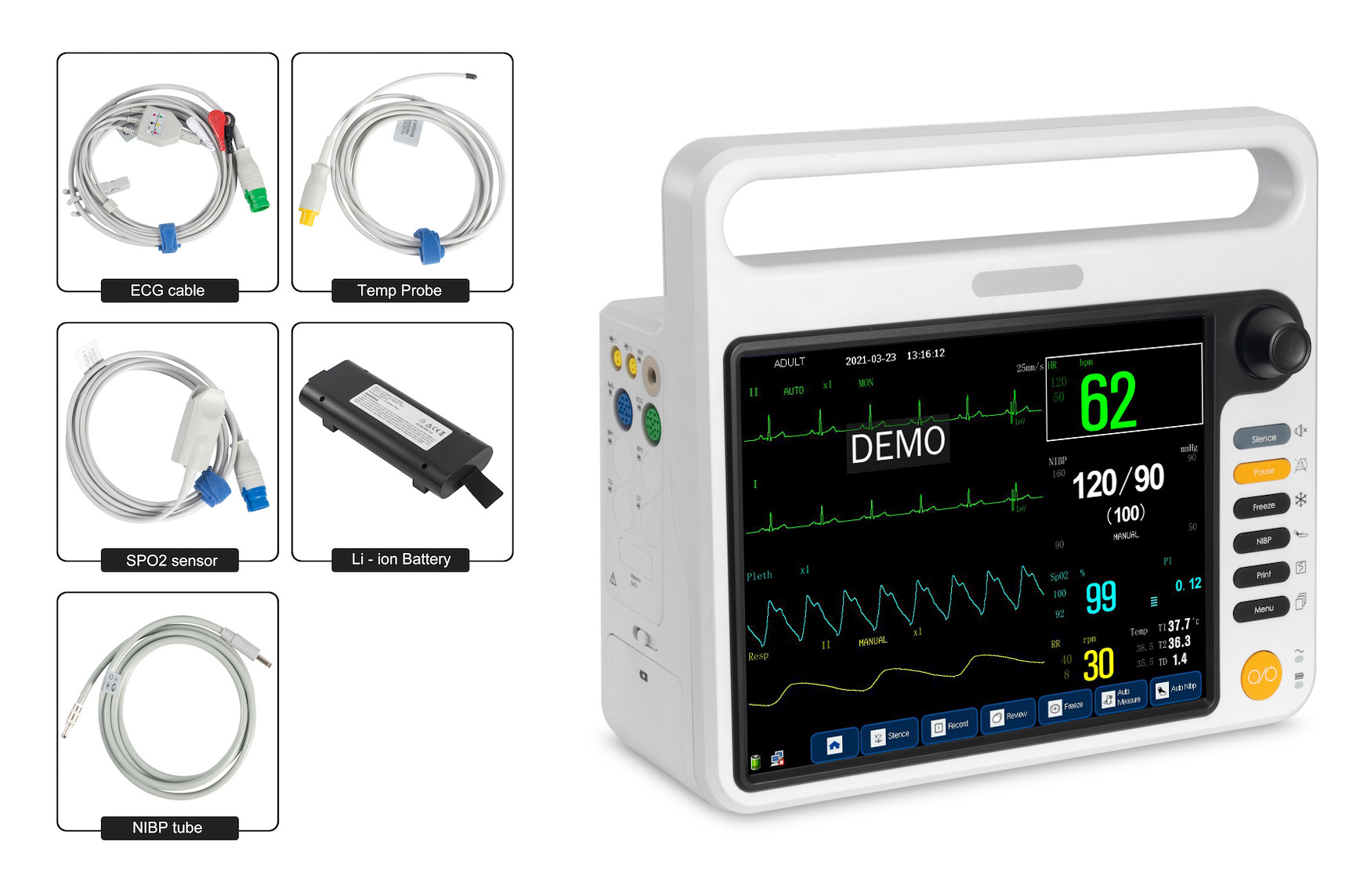 12.1 inch portable cardiac patient monitors with HL7 compatible, USB dataouput functions, vital sings monitoring