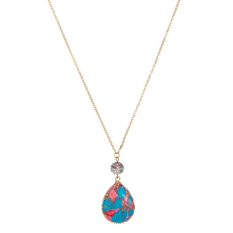 Natural Turquoise Handmade Gold Chain Necklace With Drap Shaped Pendant