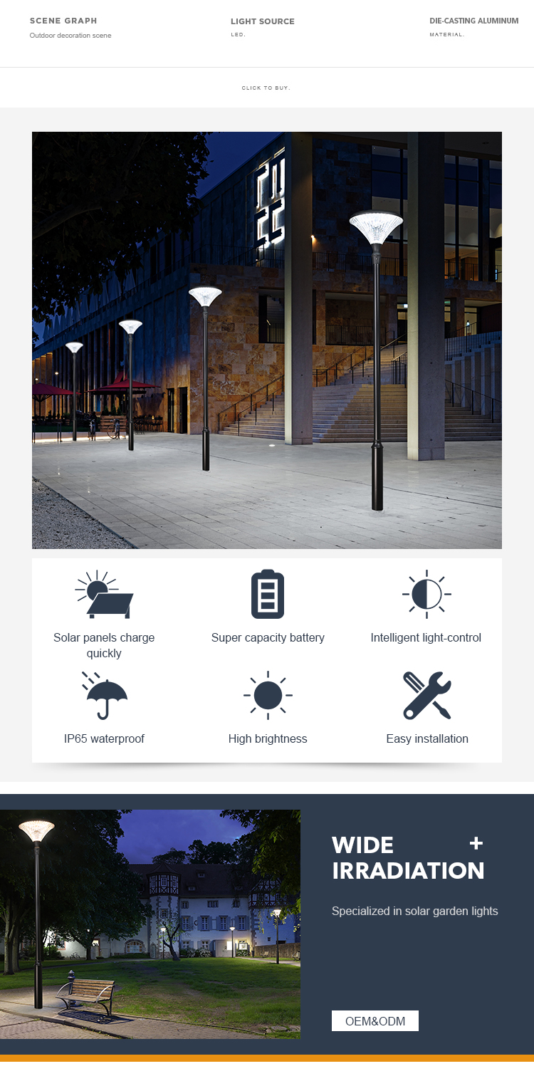 Diamond Shape Garden Solar Pole Light IP65 Weather Resistant For Patio Coutyard Park