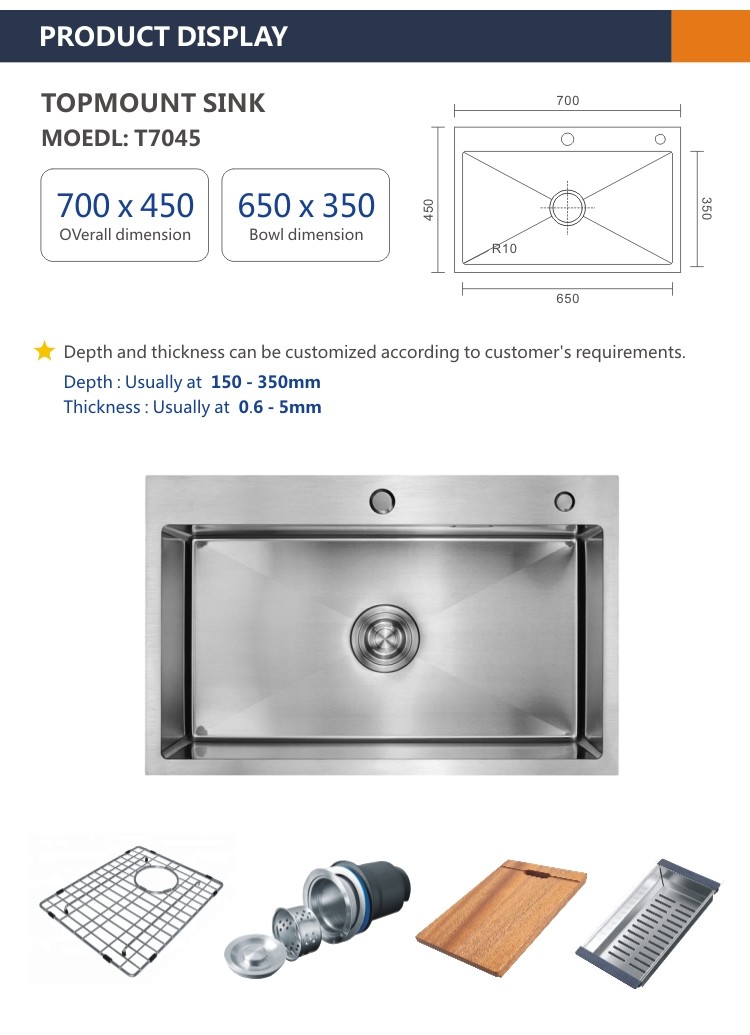 Bar Topmount Stainless Steel Kitchen Sink Cabinet 16 Gauge 70x45