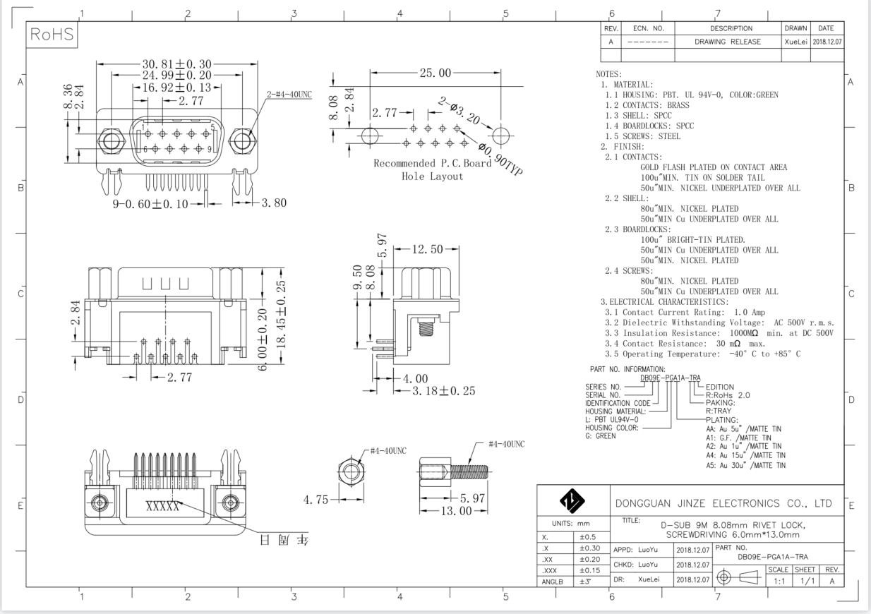 Right Angle DB9 D-SUB Connectors 9 Pin Male Female PCB Mount