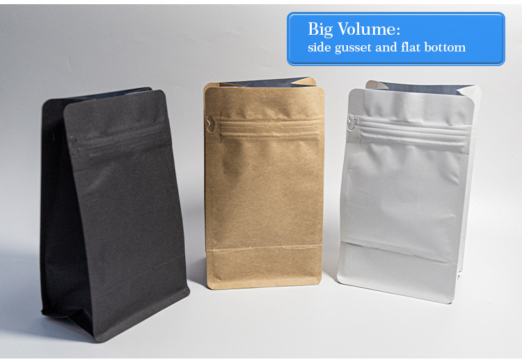 Wholesale Stand Up Bag Flat Bottom Food Packing Zipper Brown Kraft Customized Paper Bag