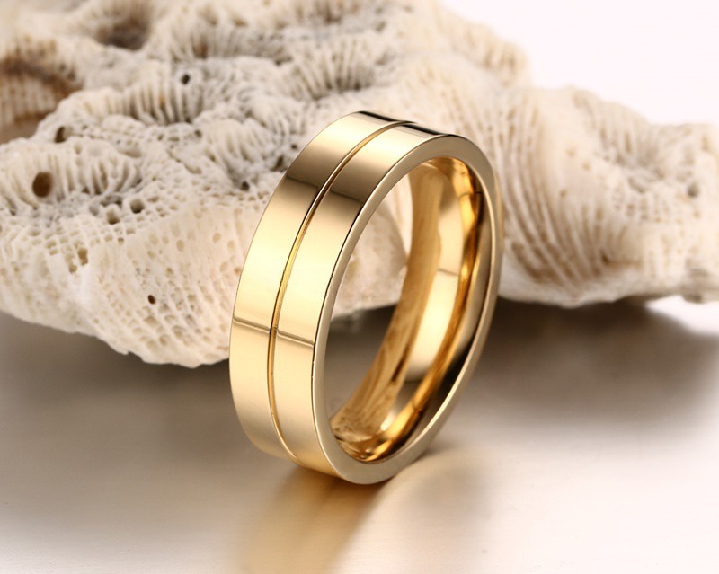 6mm Wedding Stainless Steel Rings with CZ Stone Inlay Gold Plated Flat Edges Couples