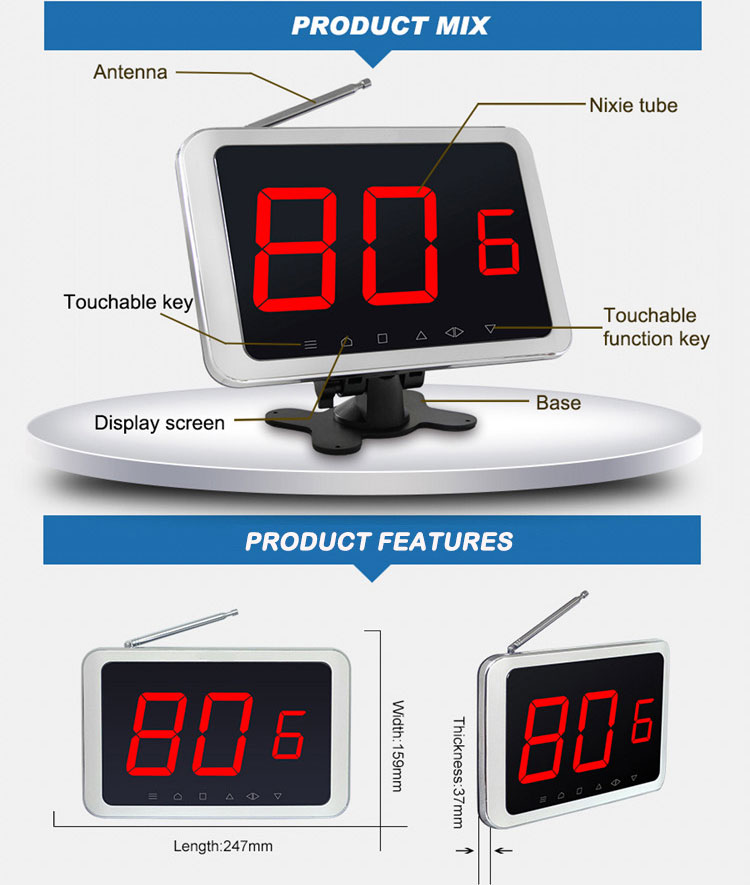 Restaurant table calling number monitor showing table number and service type like bill,call,drink,