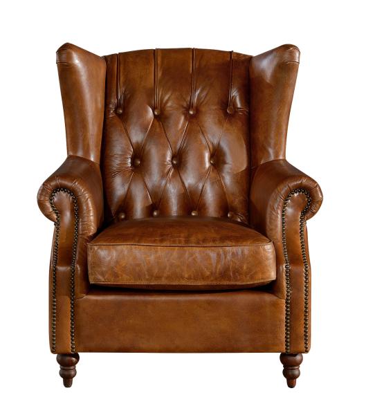 Georgian Style High Backed Winged Leather Chairs , Brown Leather Armchair Deep