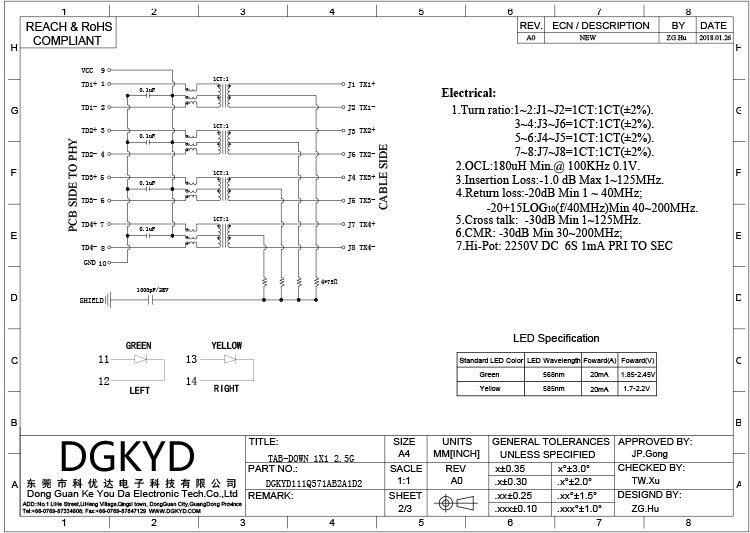 DGKYD111Q571AB2A1D 2.5G Filtering Industrial Grade RJ45 Single Port Shielded Connector Modular Interface With Light PBT