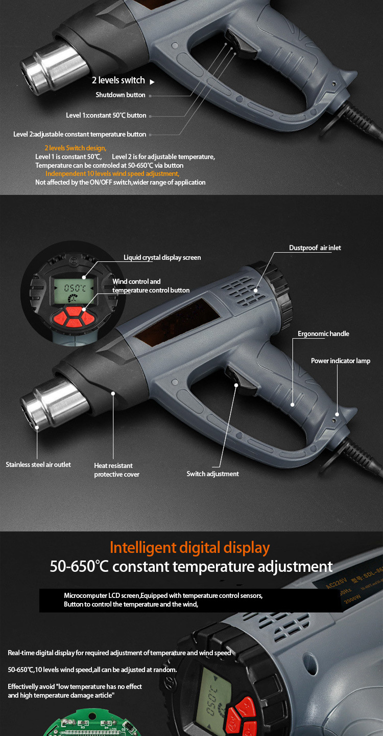 220V Hot Air Heat Gun AC Green 1916 2000W With Temperature Digital Display