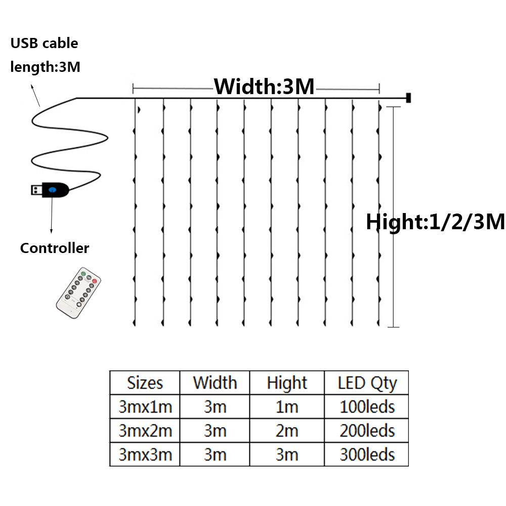 3M LED Curtain Lamp USB String Lights Remote Control Fairy Light Garland For New Year Christmas Home Wedding Decoration