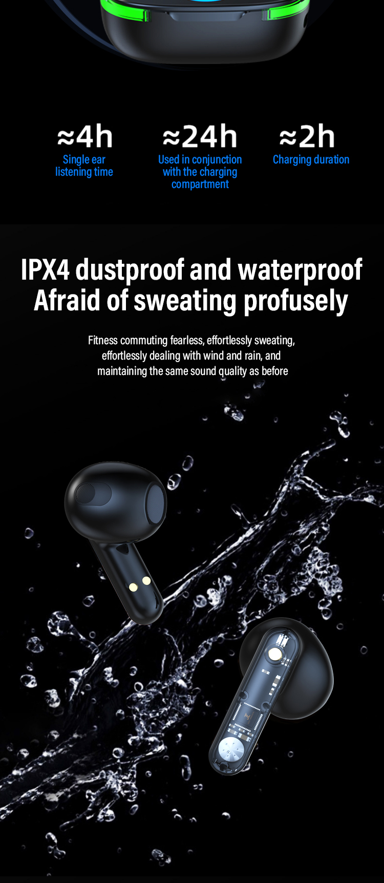 On-Ear Style Waterproof TWS Earphones with Low Latency and Transparent LCD Display