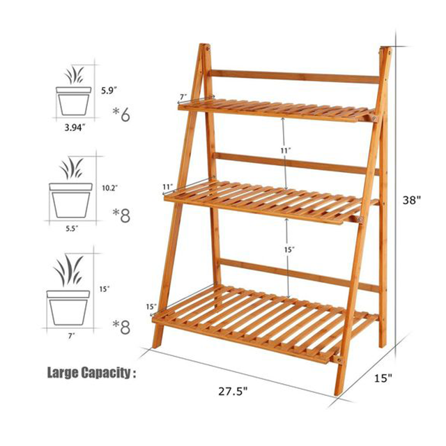 Home Folding Bamboo Plant Rack Flowers Pot Stand Shelf For Balcony