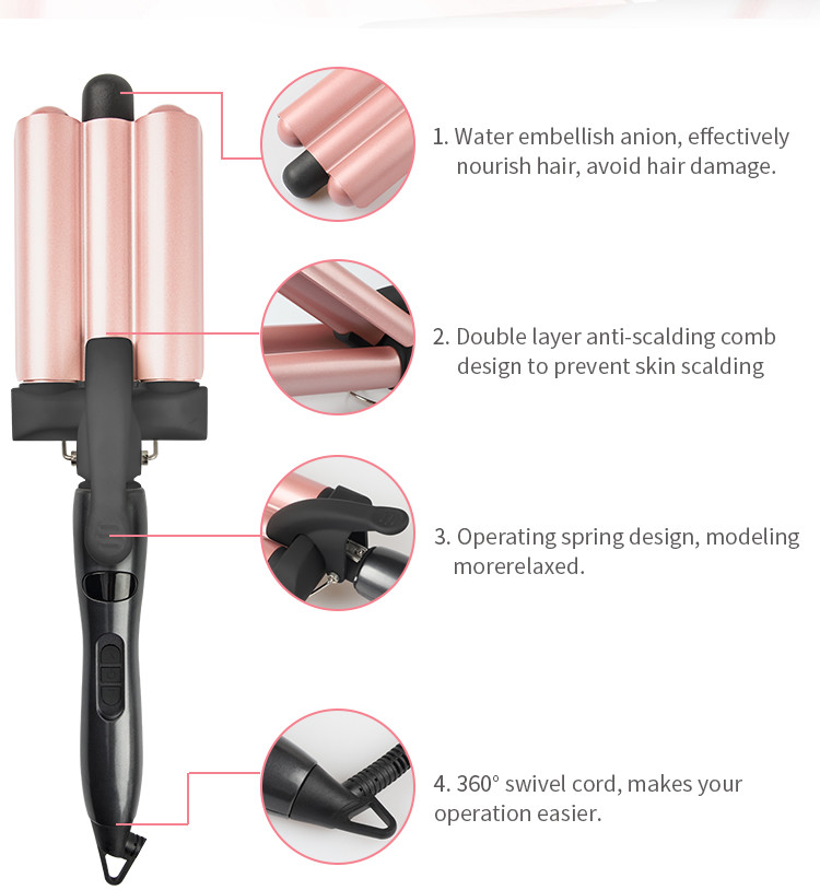 Ceramic 78W Three Barrel Hair Waver , 1 Inch Curling Iron Wand