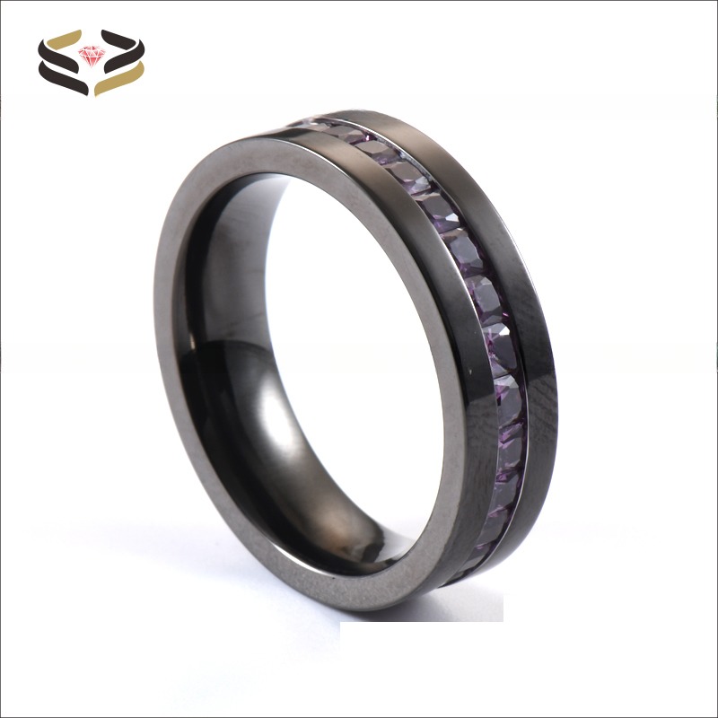 Purple CZ Stone Inlay Wedding Titanium Rings Black Plated Flat Edges Mens 6MM