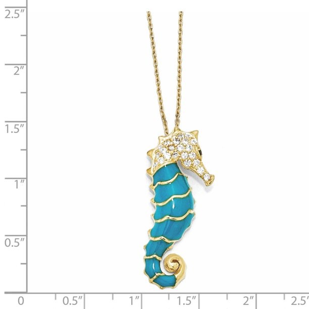 925 Sterling Silver Gold Plated Enameled Cubic Zirconia Cz Seahorse 18 Inch Chain Necklace Pendant Charm Sea Life