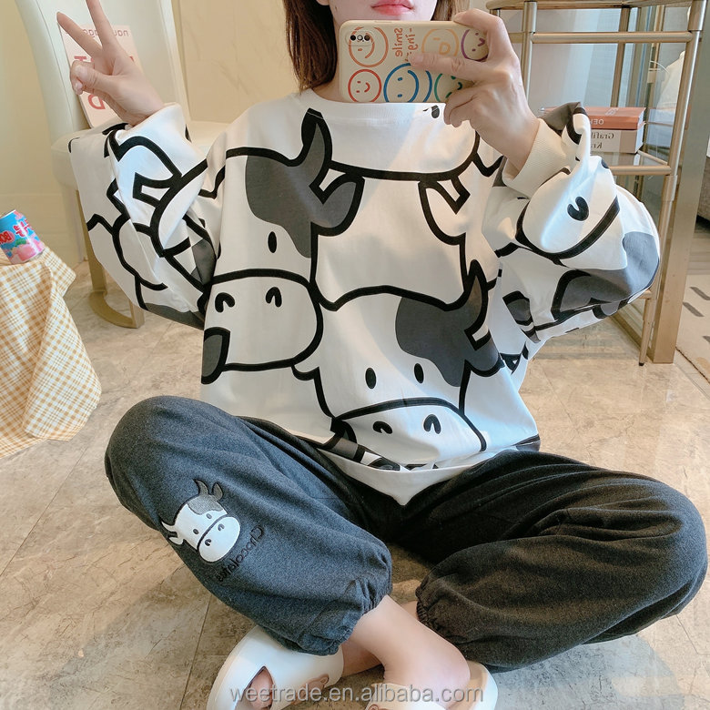 Printed cow long sleeve girl pajamas for ladies leisure wear pajamas 2 piece pajama set