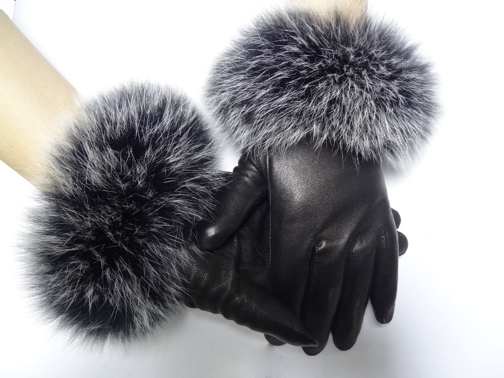 Sheepskin Womens Soft Leather Gloves Wool Lined Fox Fur Leather Gloves