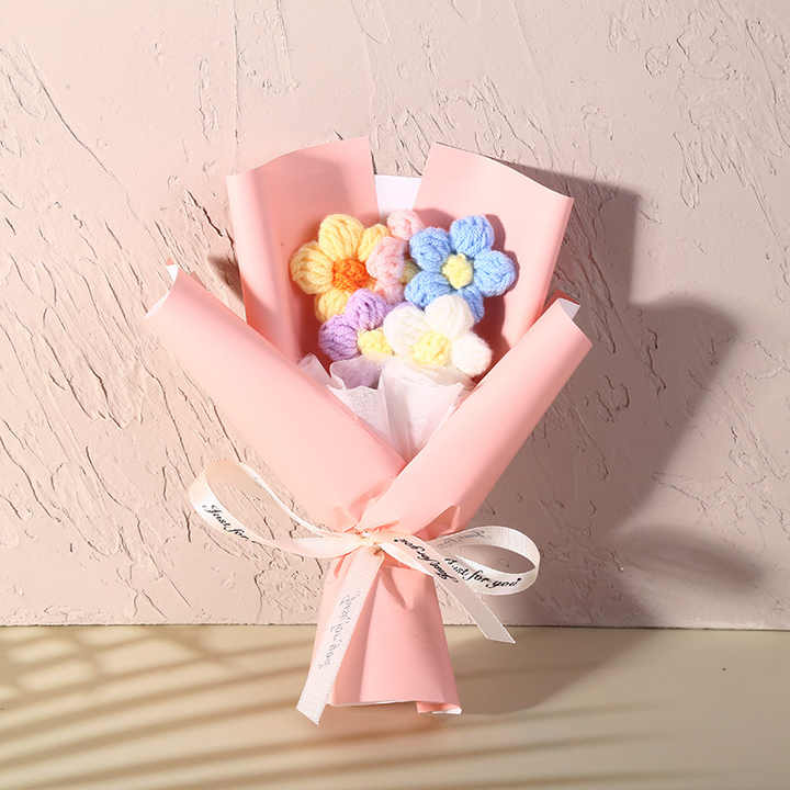 Finished Mother's  Valentine's Day Crochet Bouquet Creative Artificial Flowers Knitted Puff Bouquet for Floral Use