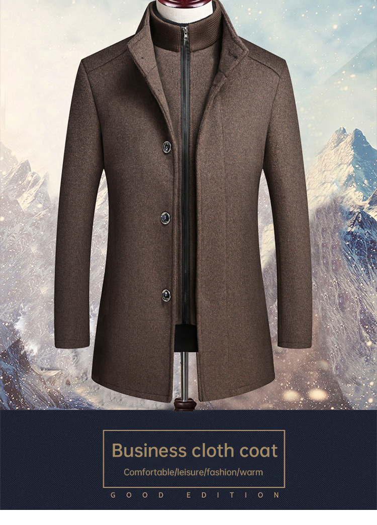 Double Collar Winter Mens Wool Long Coat with Removable Waistcoat and Custom Slim Design