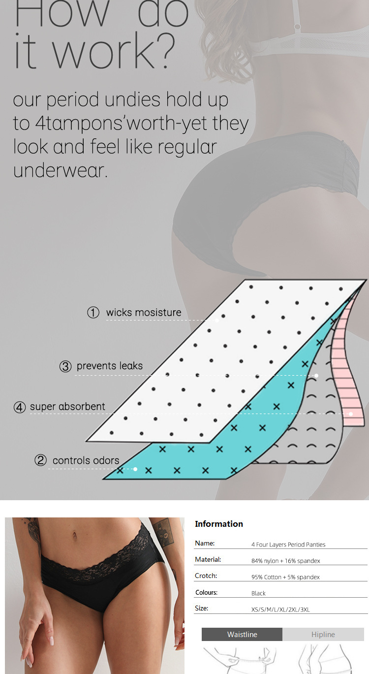 Customized 4 Layers Heavy Absorption Lady Sexy Lace Menstrual Underwear
