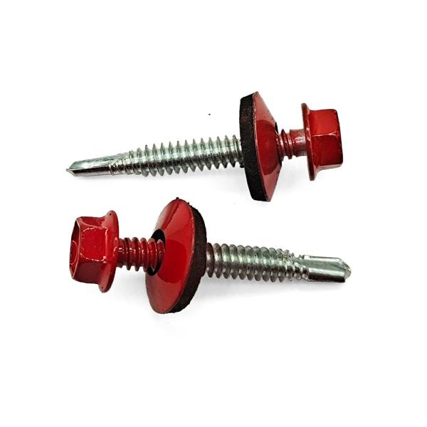 Red Baked Paint Hex Flange Head Self-Drilling Screw – Waterproof EPDM Washer &