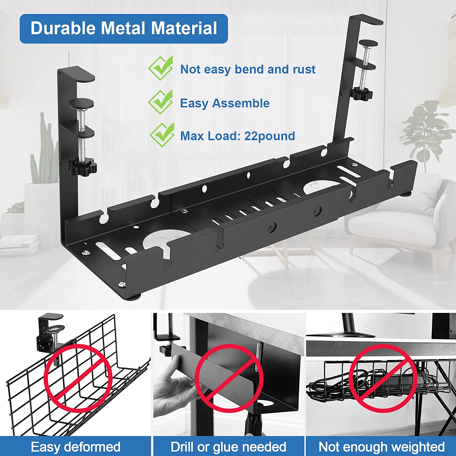 Smart 12-25inch Desk Iron Under Desk Cable Management Tray Retractable Cord Organizer