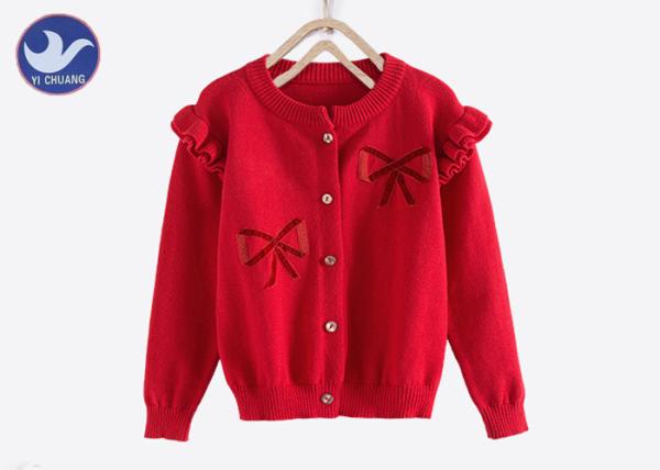 Sweet Butterfly Ribbon Girls Red Cardigan Sweater , Girls Knitted Cardigan Crew