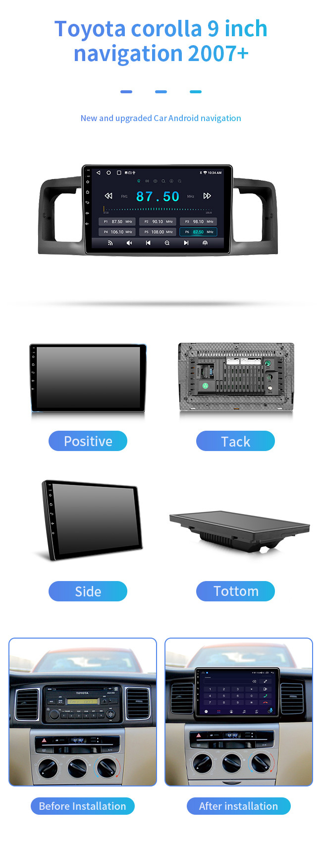 8 Core 9 Inch Touch Screen Navigation For Cars With Carplay DSP For Corolla 2007