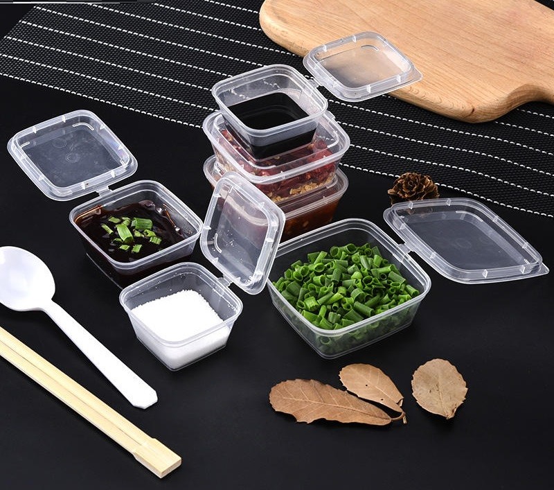 1oz 2oz 3oz 4oz Square Disposable Chili Sauce Cups Take Out PP Material Clear Plastic Portion Cup With Hinged Lid