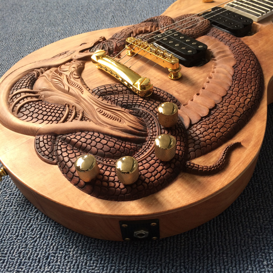 Custom guitar, carved dragon pattern, ebony fingerboard, free shipping