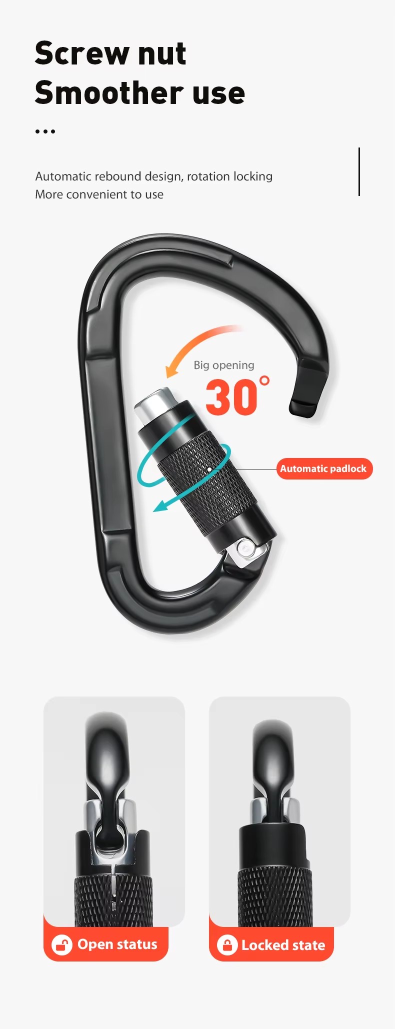Customized Aluminum D-shape Screw Snap Hook Carabiner for Climbing High Strength 25kn