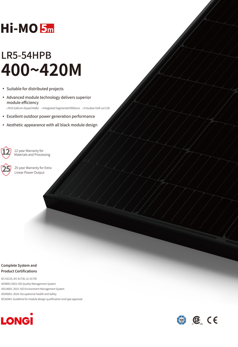 Longi Photovoltaic Mono Solar Panel Module Lr5-54hpb Hi-Mo 5m All Black 400w 405w 410w 415w
